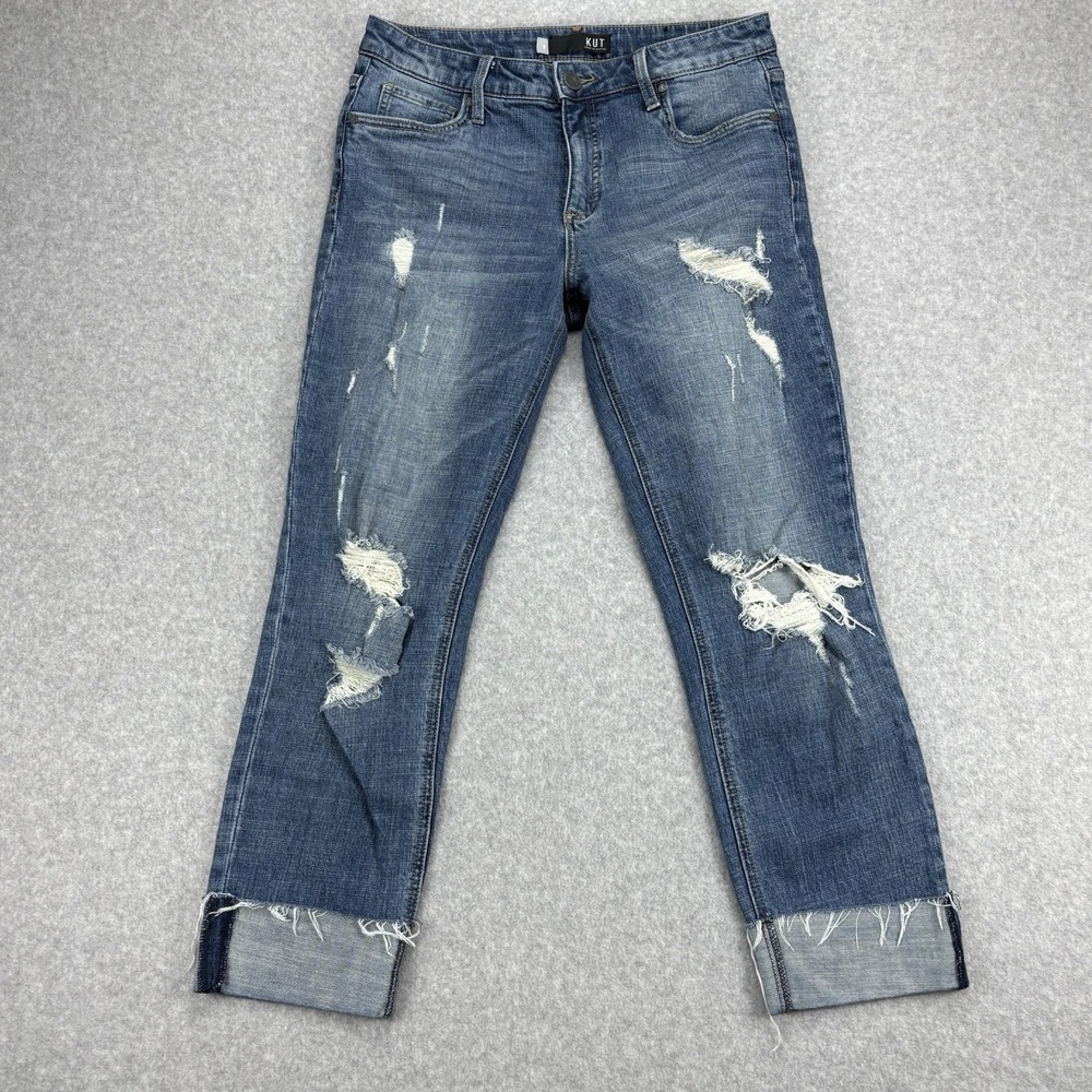 KUT Jeans Womens 8 Blue Catherine Boyfriend Distressed High Rise Stretch Cuffed